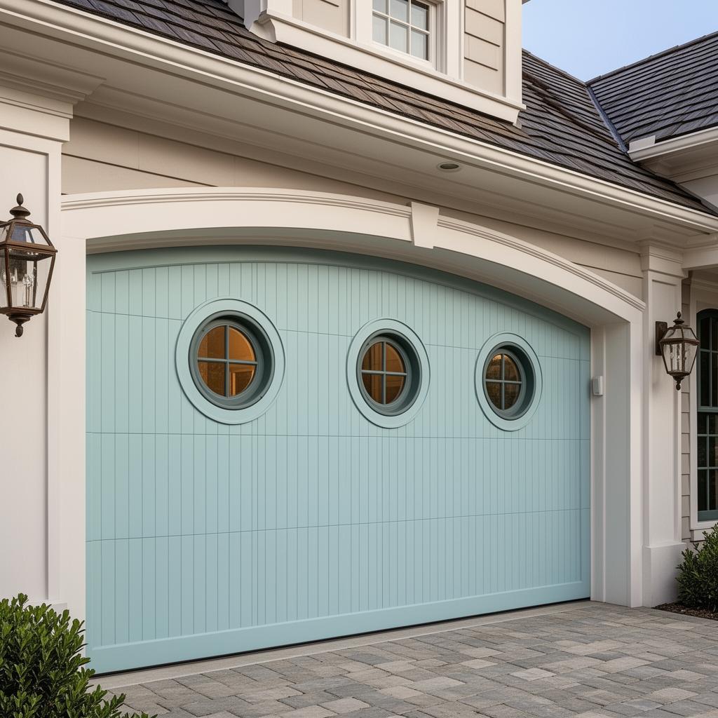Beautiful coastal style garage door with porthole windows installed by Odessa Garage Doors