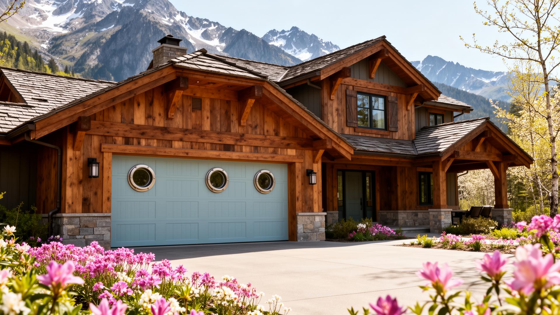 Mountain lodge style home with coastal garage doors featuring porthole windows